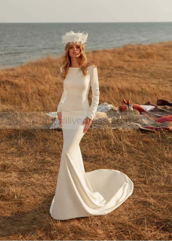 Boat Neck Ivory Satin Wedding Dress With Buttons Boat Neck Ivory Satin Wedding Dress With Buttons